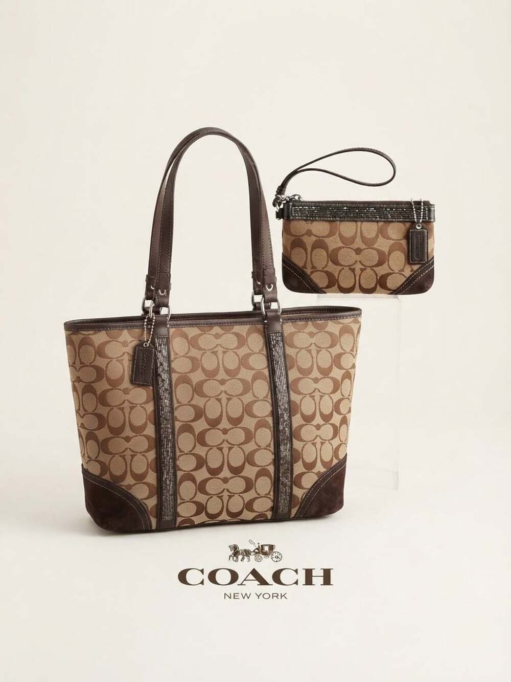 Coach Signature Beaded Gallery Tote Bag Brown Canvas Suede and Wristlet
